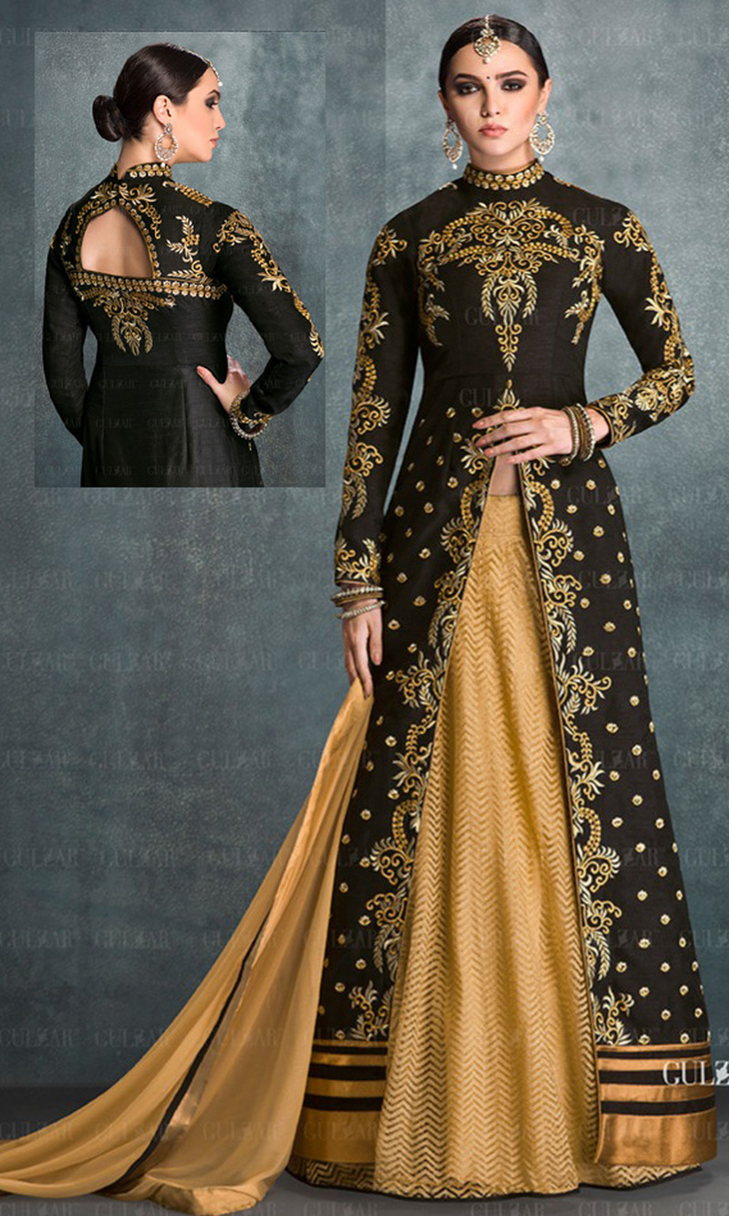 Black & Beige Embroidered Banglori Silk Indo Western Suit