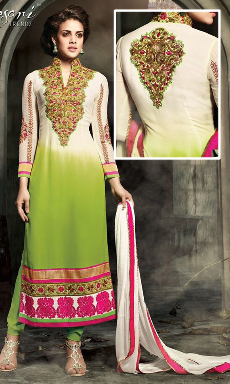 Off White & Parrot Green Georgette Suit