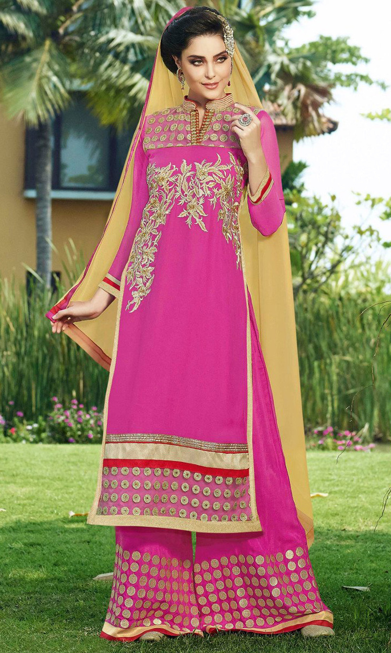Pink Embroidered Georgette Suit with Bottom Work