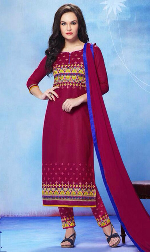 Raspberry Red Pure Cotton Suit with Bottom Work