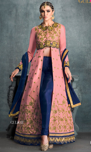 Pink & Blue Embroidered Banglori Silk Indo Western Suit