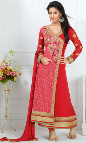 Hina Khan Pink & Red Rasal Net Suit