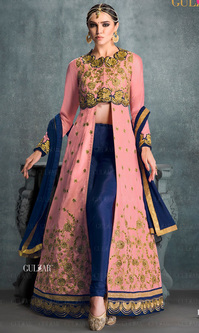 Pink & Blue Embroidered Banglori Silk Indo Western Suit (Gulzar - 1605)